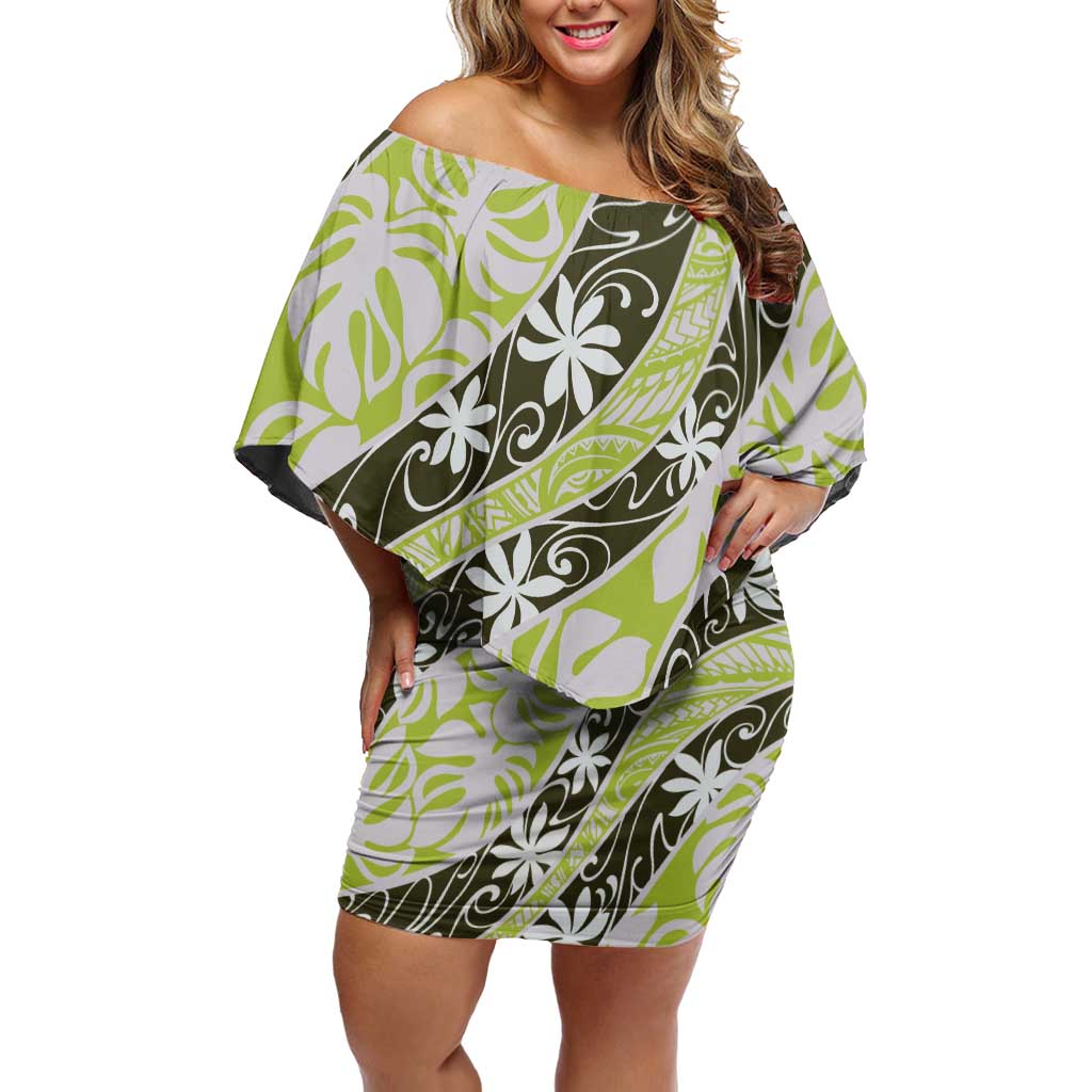Olive Tahiti Tiare Monstera Off Shoulder Short Dress Polynesian Pattern Curve Style - Polynesian Pride