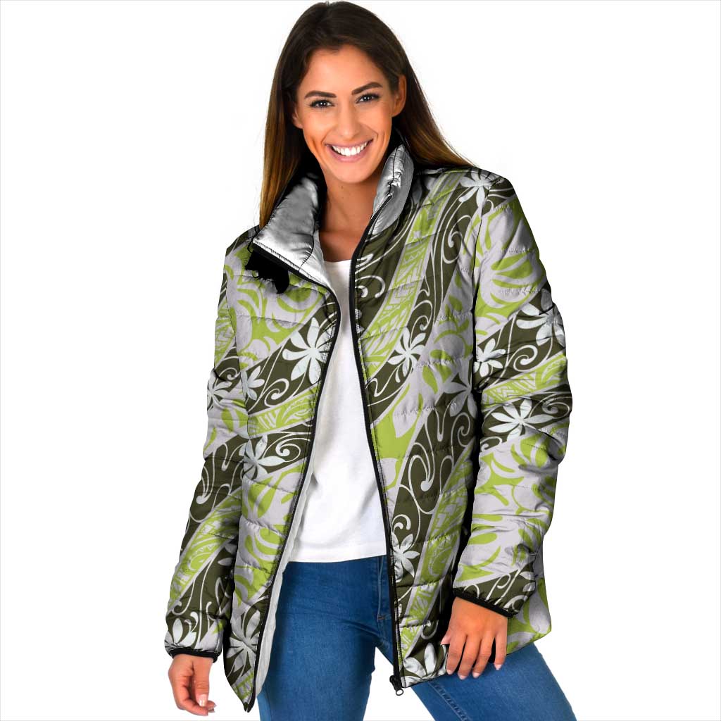 Olive Tahiti Tiare Monstera Padded Jacket Polynesian Pattern Curve Style - Polynesian Pride