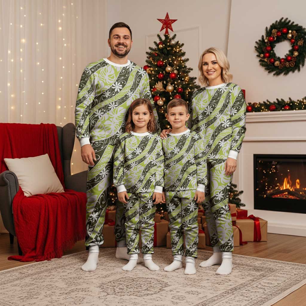 Olive Tahiti Tiare Monstera Christmas Pajama Set Polynesian Pattern Curve Style - Polynesian Pride