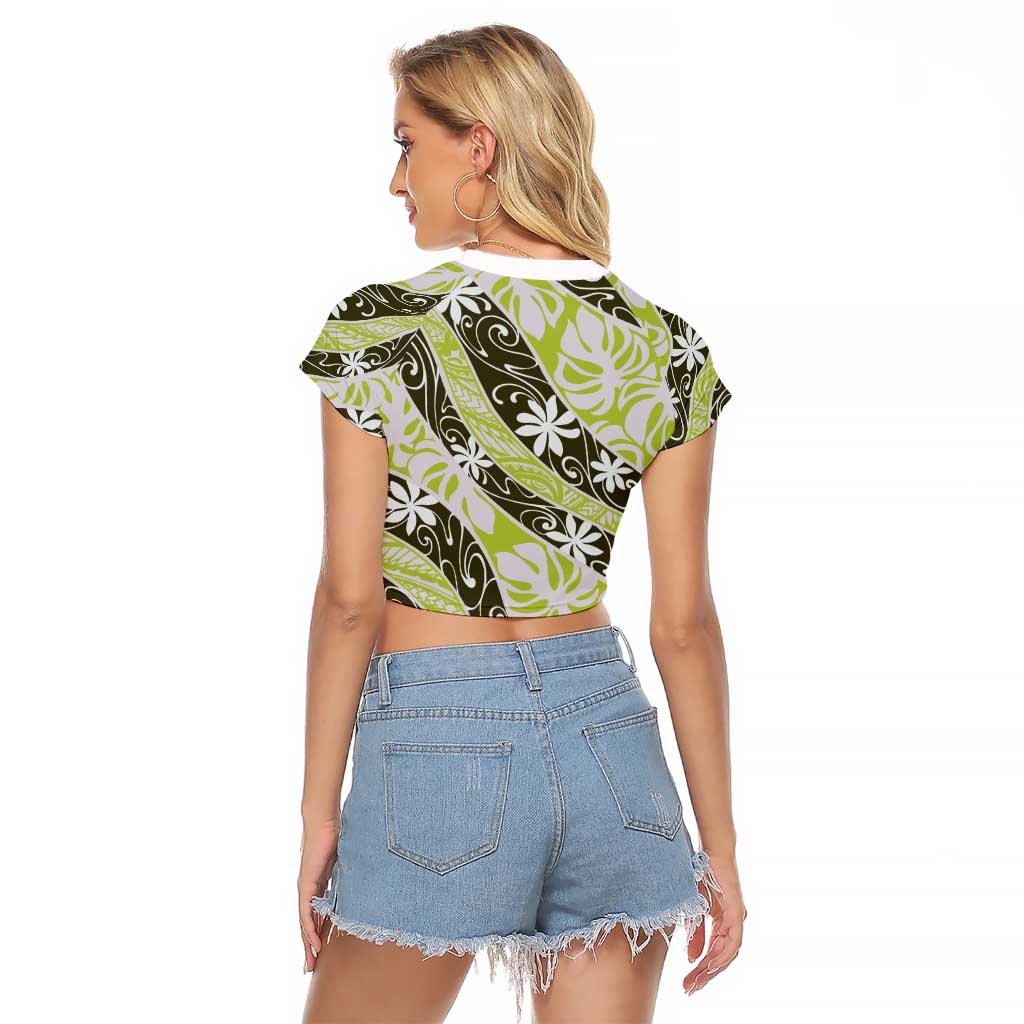 Olive Tahiti Tiare Monstera Raglan Cropped T Shirt Polynesian Pattern Curve Style - Polynesian Pride