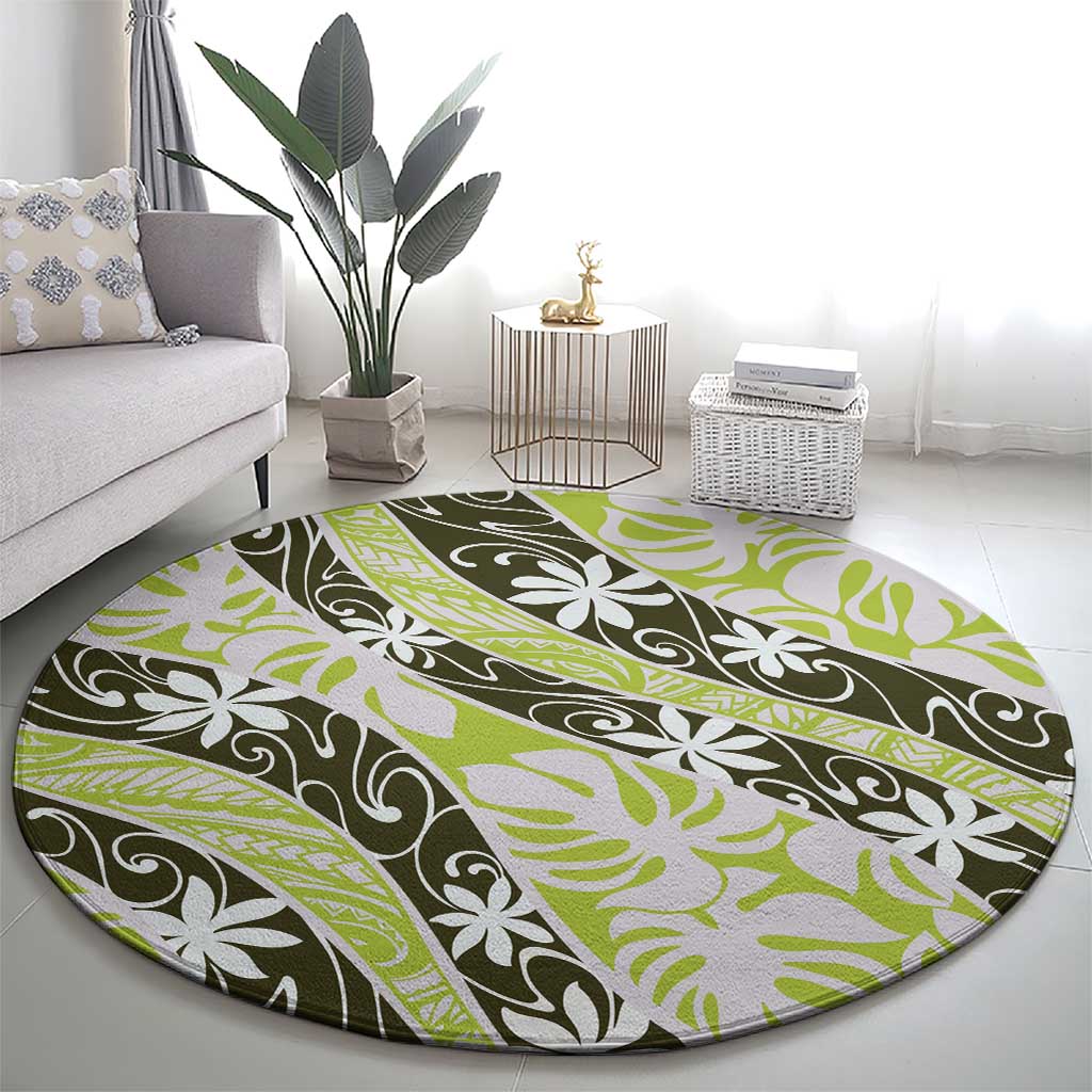 Olive Tahiti Tiare Monstera Round Carpet Polynesian Pattern Curve Style - Polynesian Pride