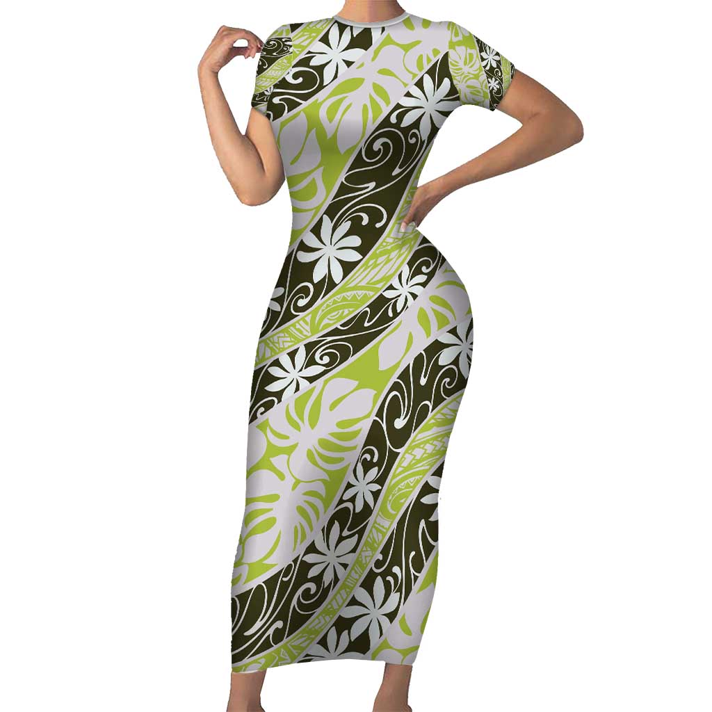 Olive Tahiti Tiare Monstera Short Sleeve Bodycon Dress Polynesian Pattern Curve Style - Polynesian Pride