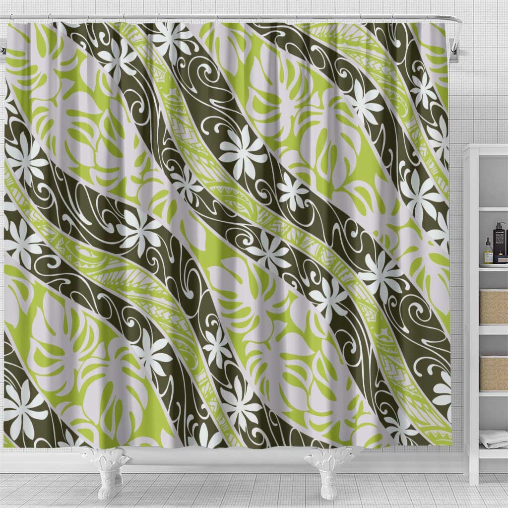 Olive Tahiti Tiare Monstera Shower Curtain Polynesian Pattern Curve Style - Polynesian Pride