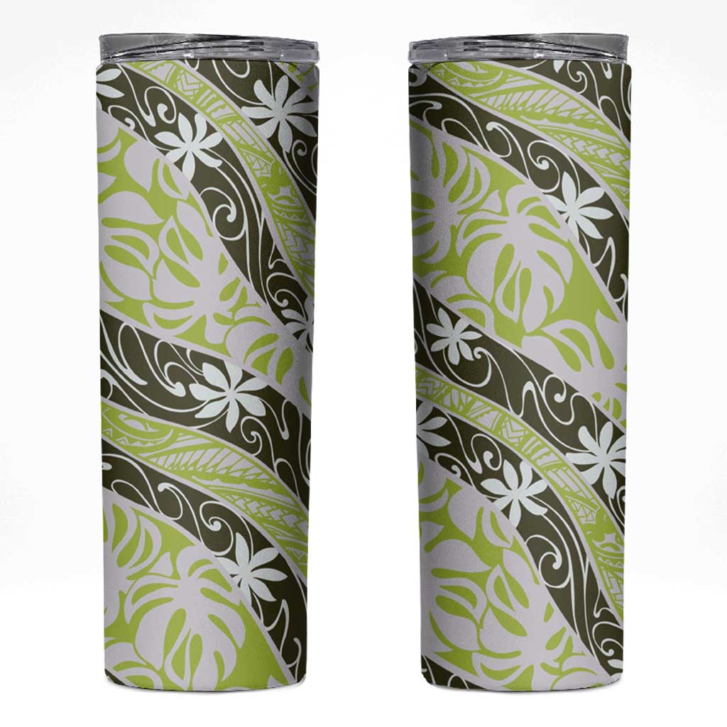 Olive Tahiti Tiare Monstera Skinny Tumbler Polynesian Pattern Curve Style - Polynesian Pride