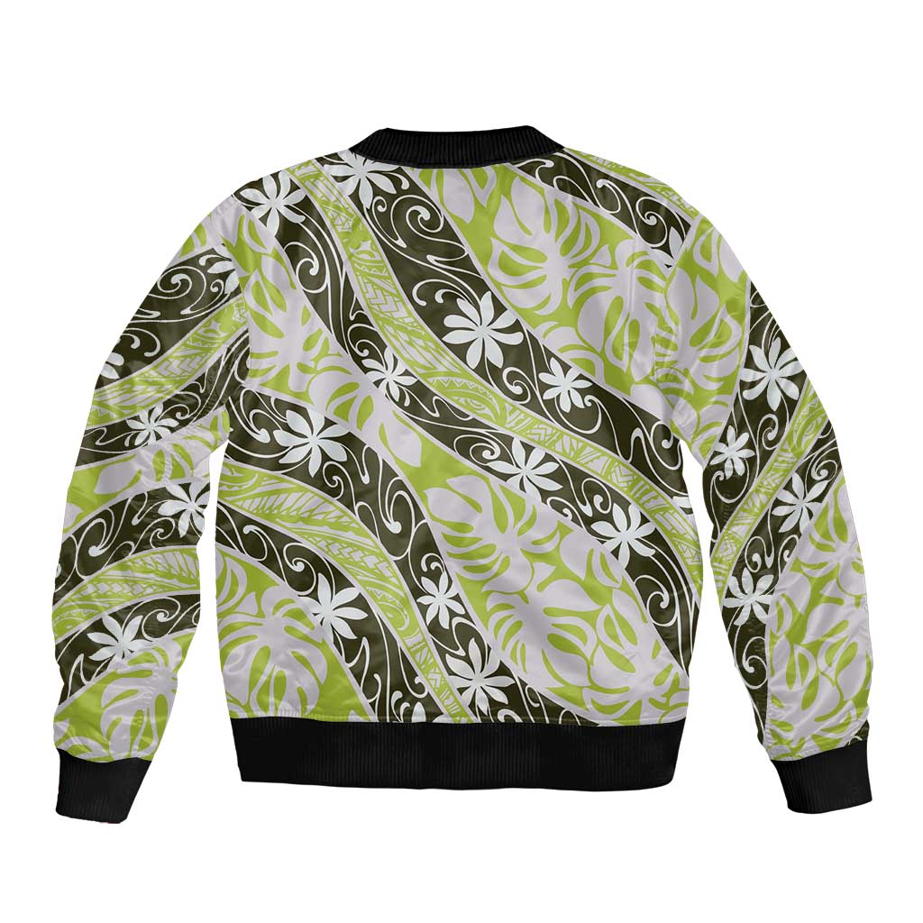 Olive Tahiti Tiare Monstera Sleeve Zip Bomber Jacket Polynesian Pattern Curve Style - Polynesian Pride