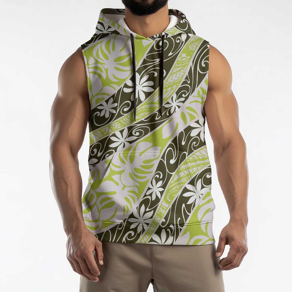 Olive Tahiti Tiare Monstera Sleeveless Hoodie Polynesian Pattern Curve Style - Polynesian Pride