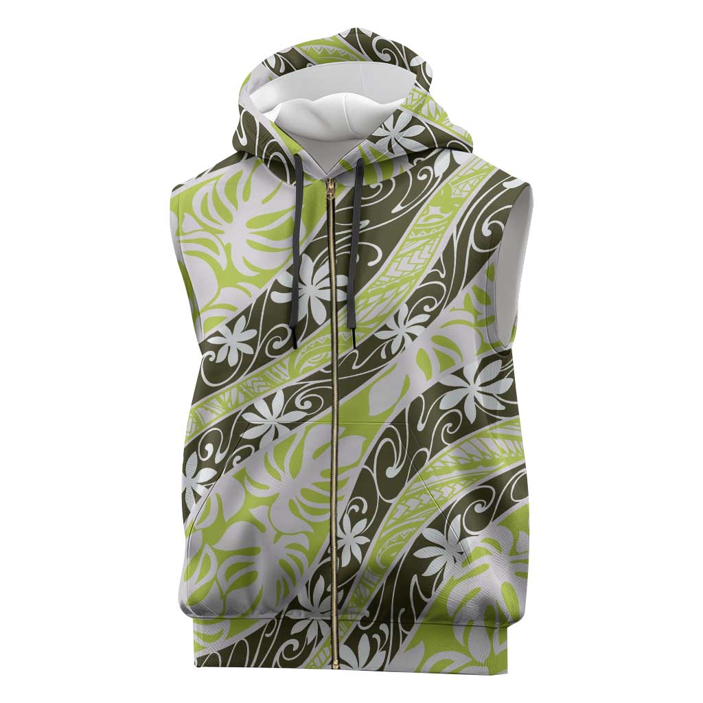 Olive Tahiti Tiare Monstera Sleeveless Zip Hoodie Polynesian Pattern Curve Style - Polynesian Pride