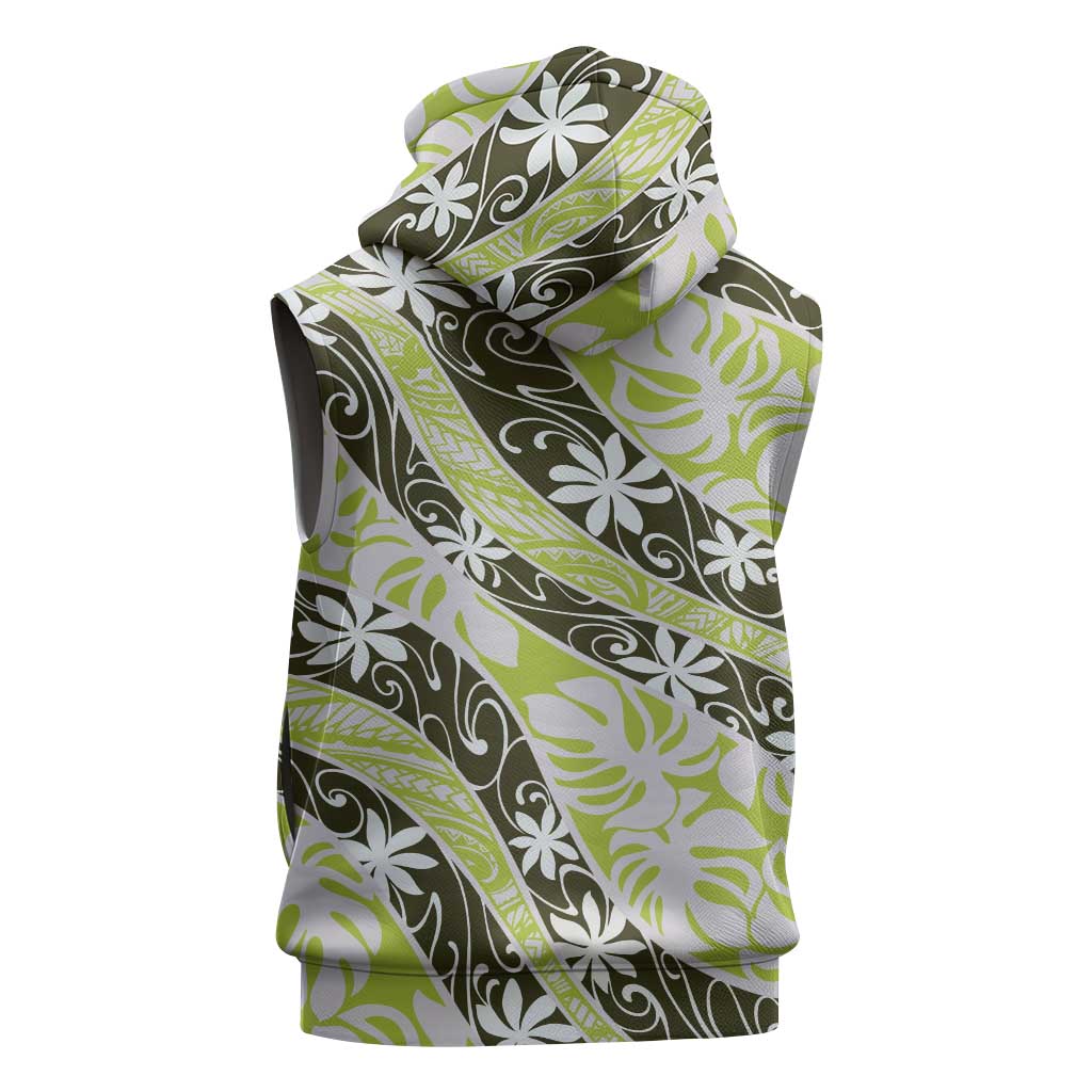 Olive Tahiti Tiare Monstera Sleeveless Zip Hoodie Polynesian Pattern Curve Style - Polynesian Pride