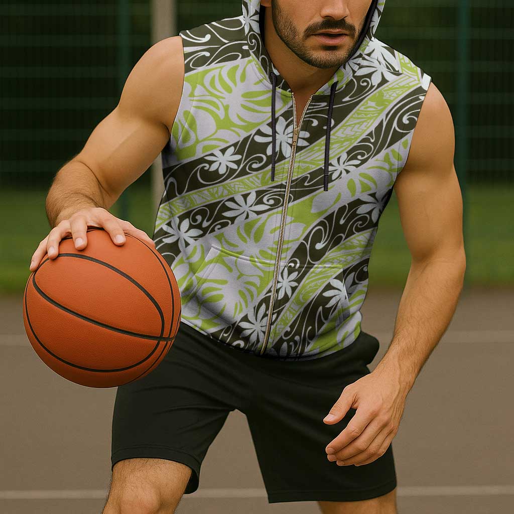 Olive Tahiti Tiare Monstera Sleeveless Zip Hoodie Polynesian Pattern Curve Style - Polynesian Pride