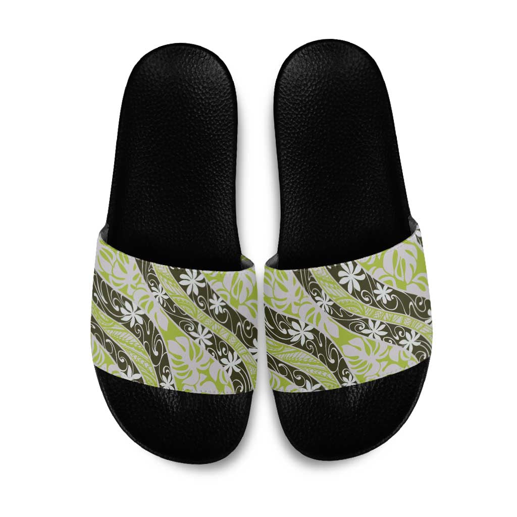 Olive Tahiti Tiare Monstera Slide Sandals Polynesian Pattern Curve Style - Polynesian Pride