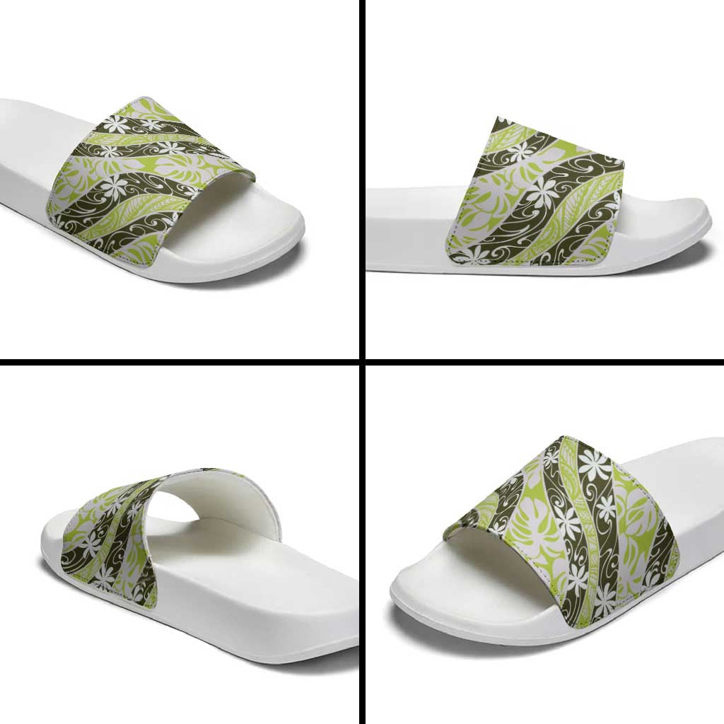 Olive Tahiti Tiare Monstera Slide Sandals Polynesian Pattern Curve Style - Polynesian Pride