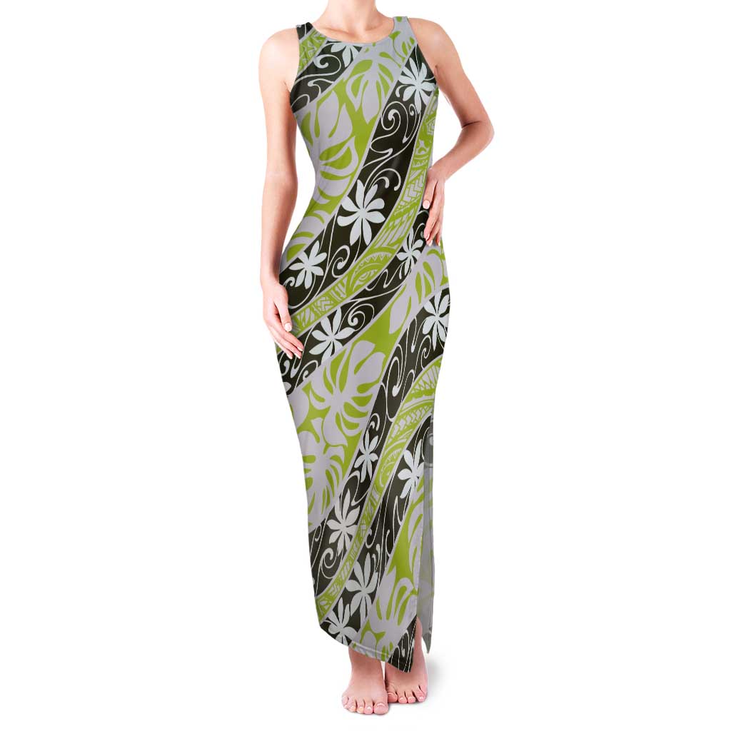 Olive Tahiti Tiare Monstera Tank Maxi Dress Polynesian Pattern Curve Style - Polynesian Pride