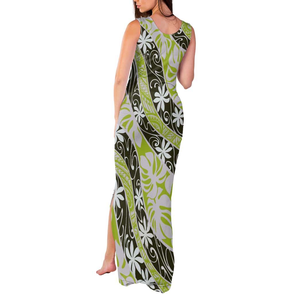 Olive Tahiti Tiare Monstera Tank Maxi Dress Polynesian Pattern Curve Style - Polynesian Pride