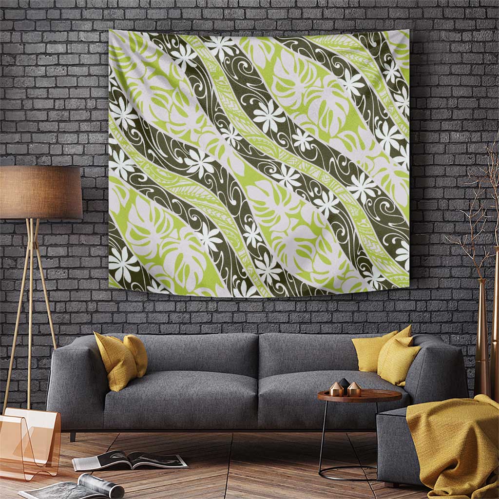 Olive Tahiti Tiare Monstera Tapestry Polynesian Pattern Curve Style - Polynesian Pride