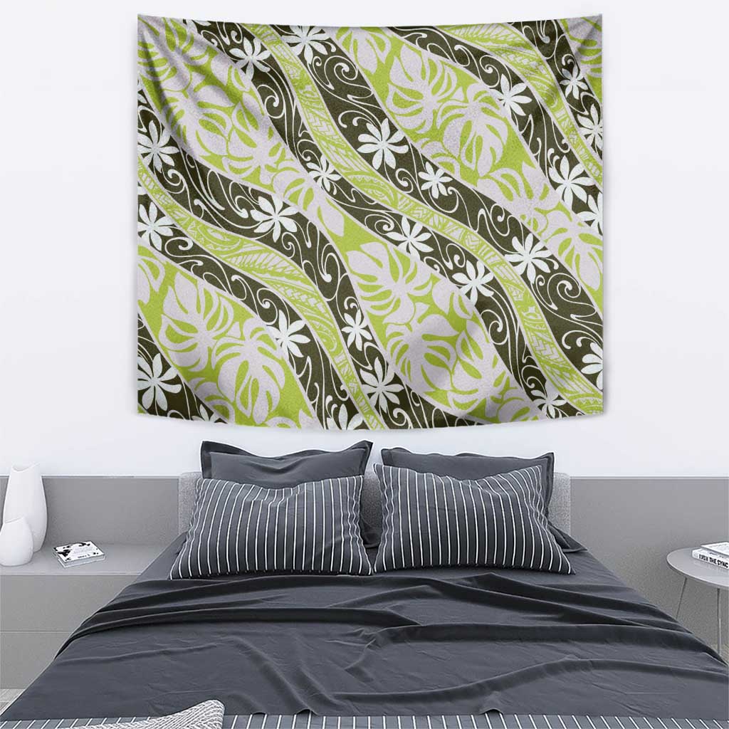 Olive Tahiti Tiare Monstera Tapestry Polynesian Pattern Curve Style - Polynesian Pride