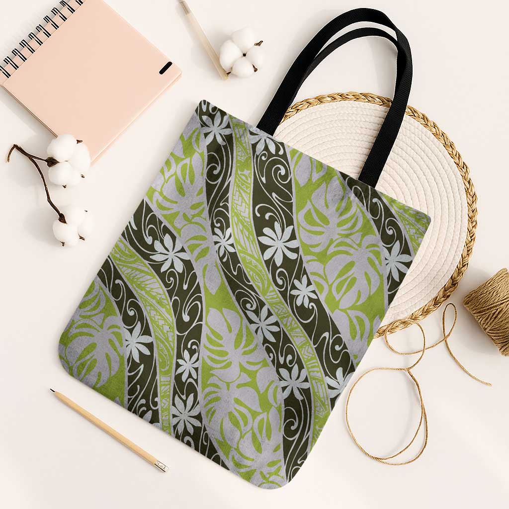 Olive Tahiti Tiare Monstera Tote Bag Polynesian Pattern Curve Style - Polynesian Pride