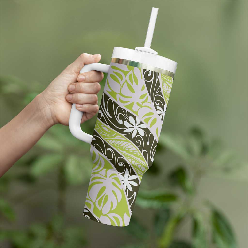 Olive Tahiti Tiare Monstera Tumbler With Handle Polynesian Pattern Curve Style - Polynesian Pride