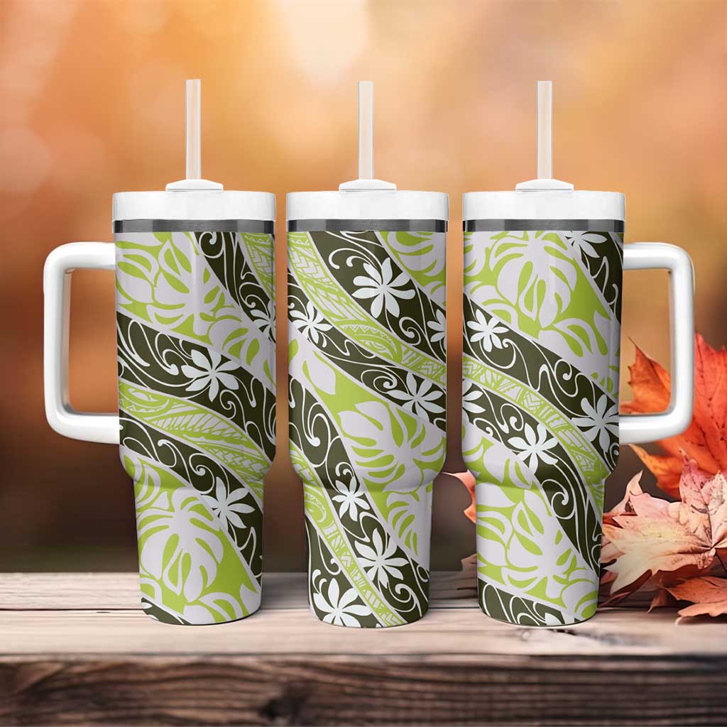 Olive Tahiti Tiare Monstera Tumbler With Handle Polynesian Pattern Curve Style - Polynesian Pride