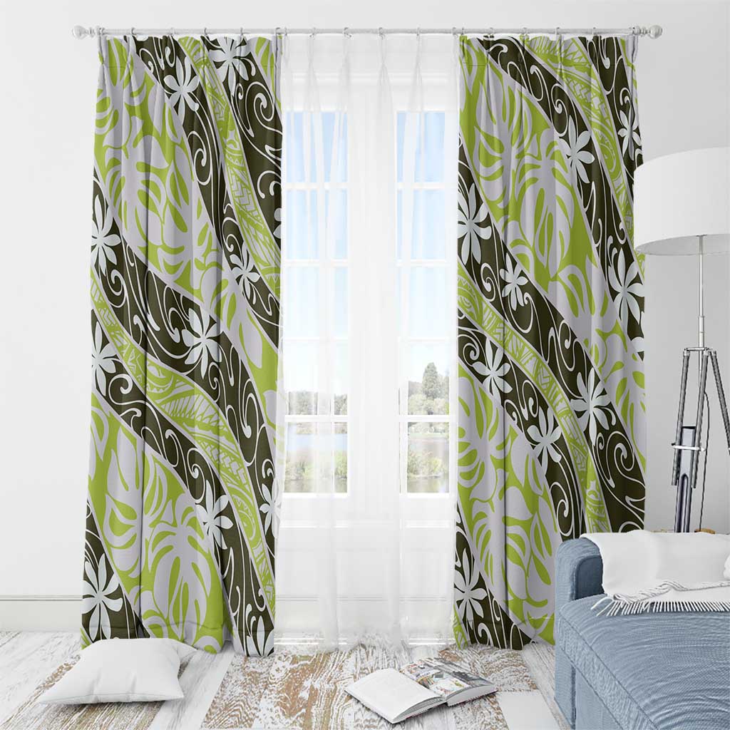 Olive Tahiti Tiare Monstera Window Curtain Polynesian Pattern Curve Style - Polynesian Pride