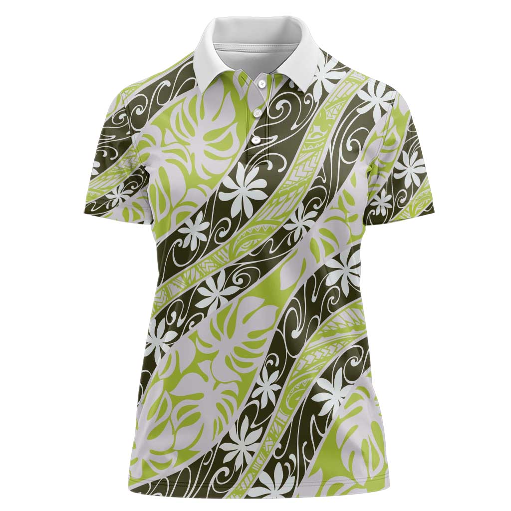 Olive Tahiti Tiare Monstera Women Polo Shirt Polynesian Pattern Curve Style - Polynesian Pride