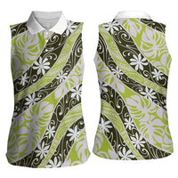 Olive Tahiti Tiare Monstera Women Sleeveless Polo Shirt Polynesian Pattern Curve Style - Polynesian Pride