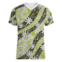 Olive Tahiti Tiare Monstera Women V-Neck T-Shirt Polynesian Pattern Curve Style - Polynesian Pride