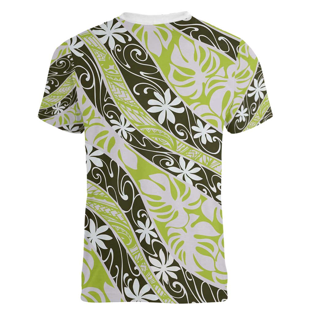 Olive Tahiti Tiare Monstera Women V-Neck T-Shirt Polynesian Pattern Curve Style - Polynesian Pride