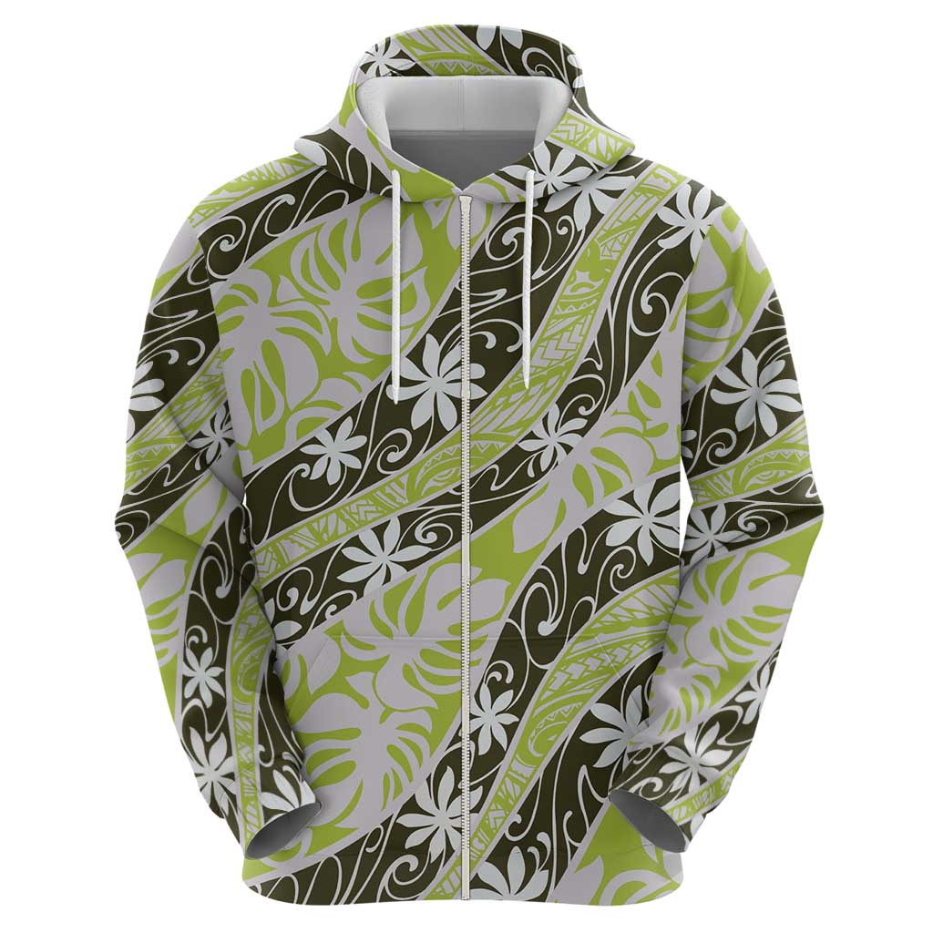 Olive Tahiti Tiare Monstera Zip Hoodie Polynesian Pattern Curve Style - Polynesian Pride