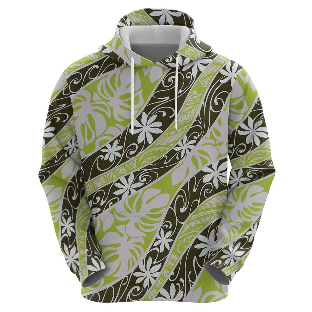 Olive Tahiti Tiare Monstera Zip Hoodie Polynesian Pattern Curve Style - Polynesian Pride