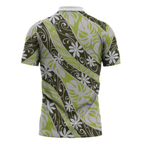 Olive Tahiti Tiare Monstera Zipper Polo Shirt Polynesian Pattern Curve Style - Polynesian Pride