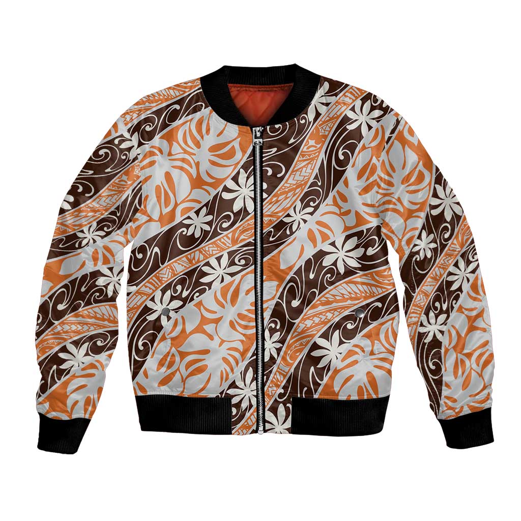 Puatou Tahiti Tiare Monstera Bomber Jacket Polynesian Pattern Curve Style - Polynesian Pride