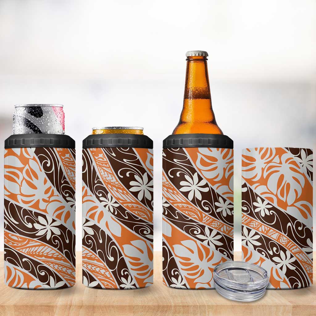 Puatou Tahiti Tiare Monstera 4 in 1 Can Cooler Tumbler Polynesian Pattern Curve Style - Polynesian Pride