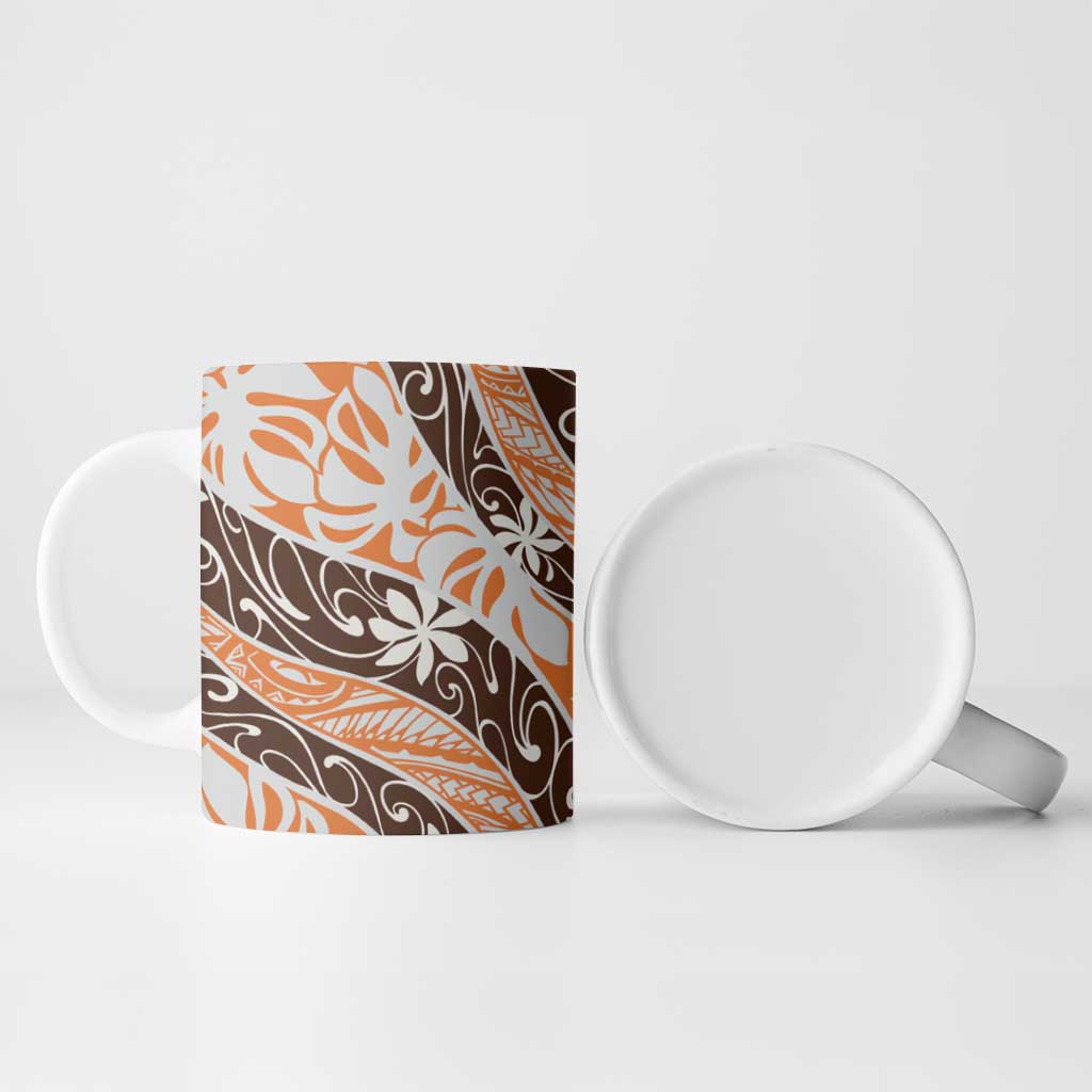 Puatou Tahiti Tiare Monstera Ceramic Mug Polynesian Pattern Curve Style - Polynesian Pride