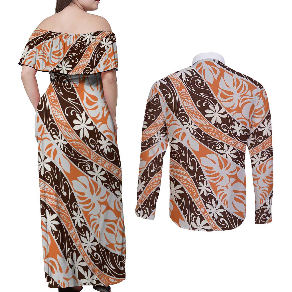 Puatou Tahiti Tiare Monstera Couples Matching Off Shoulder Maxi Dress and Long Sleeve Button Shirt Polynesian Pattern Curve Style - Polynesian Pride