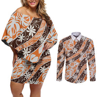Puatou Tahiti Tiare Monstera Couples Matching Off Shoulder Short Dress and Long Sleeve Button Shirt Polynesian Pattern Curve Style - Polynesian Pride