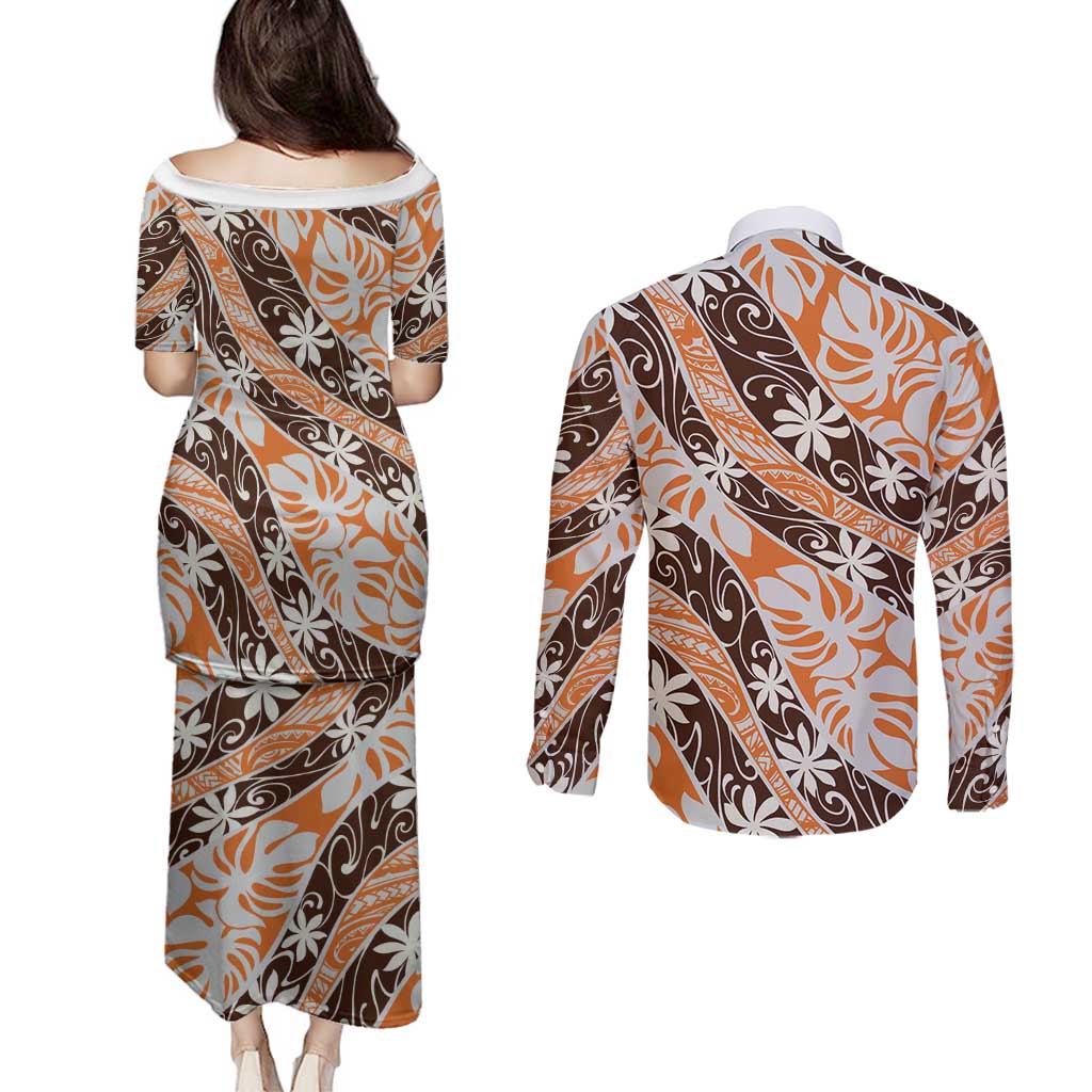 Puatou Tahiti Tiare Monstera Couples Matching Puletasi and Long Sleeve Button Shirt Polynesian Pattern Curve Style - Polynesian Pride