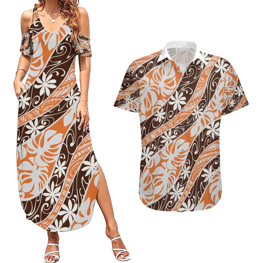 Puatou Tahiti Tiare Monstera Couples Matching Summer Maxi Dress and Hawaiian Shirt Polynesian Pattern Curve Style - Polynesian Pride