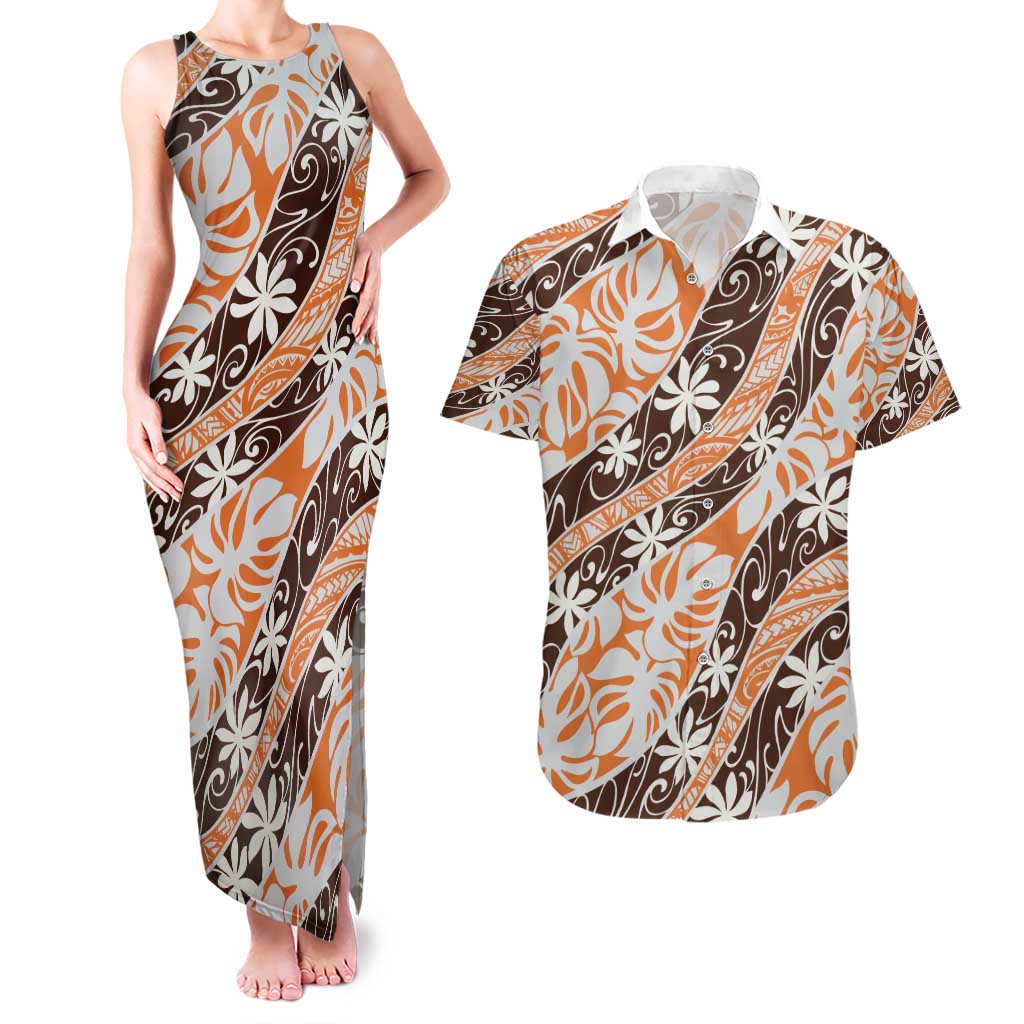 Puatou Tahiti Tiare Monstera Couples Matching Tank Maxi Dress and Hawaiian Shirt Polynesian Pattern Curve Style - Polynesian Pride