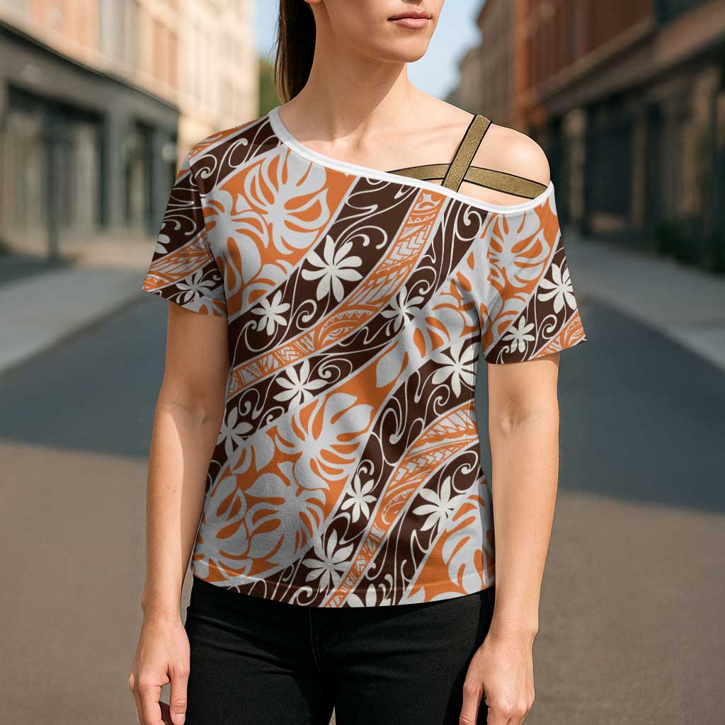Puatou Tahiti Tiare Monstera Cross Shoulder Shirt Polynesian Pattern Curve Style - Polynesian Pride