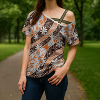 Puatou Tahiti Tiare Monstera Cross Shoulder Shirt Polynesian Pattern Curve Style - Polynesian Pride
