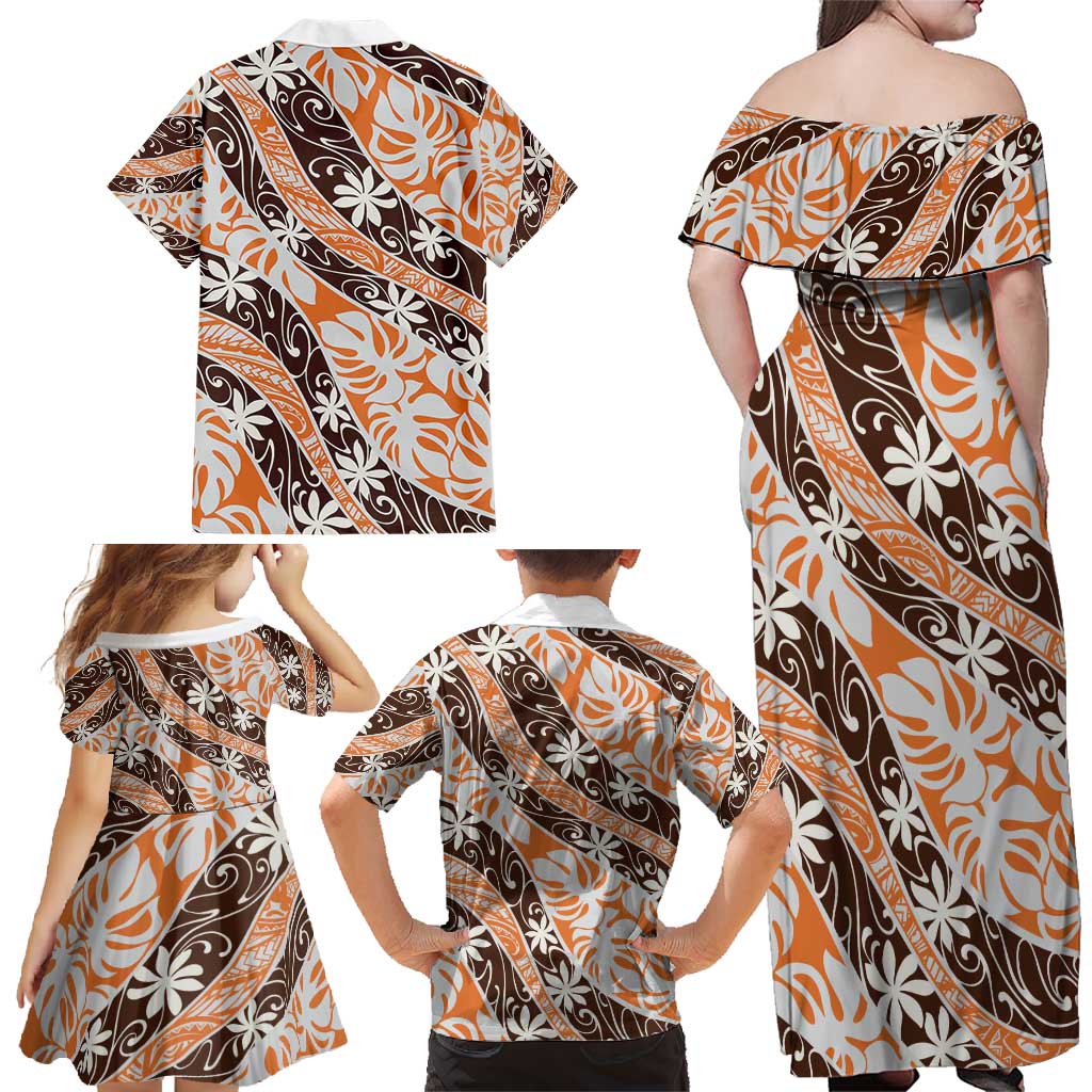 Puatou Tahiti Tiare Monstera Family Matching Off Shoulder Maxi Dress and Hawaiian Shirt Polynesian Pattern Curve Style - Polynesian Pride