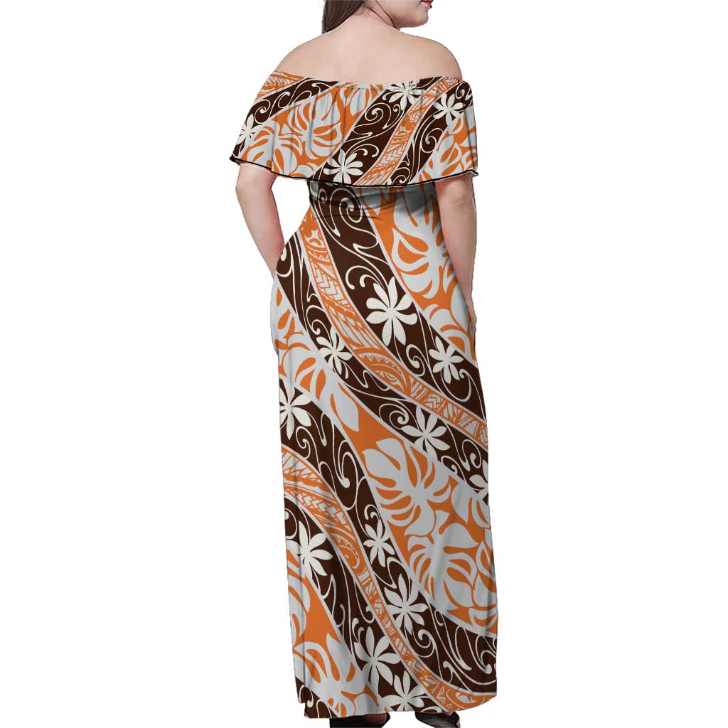 Puatou Tahiti Tiare Monstera Family Matching Off Shoulder Maxi Dress and Hawaiian Shirt Polynesian Pattern Curve Style - Polynesian Pride