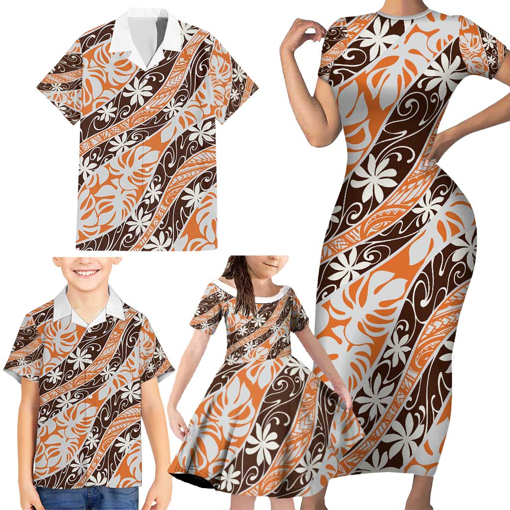 Puatou Tahiti Tiare Monstera Family Matching Short Sleeve Bodycon Dress and Hawaiian Shirt Polynesian Pattern Curve Style - Polynesian Pride