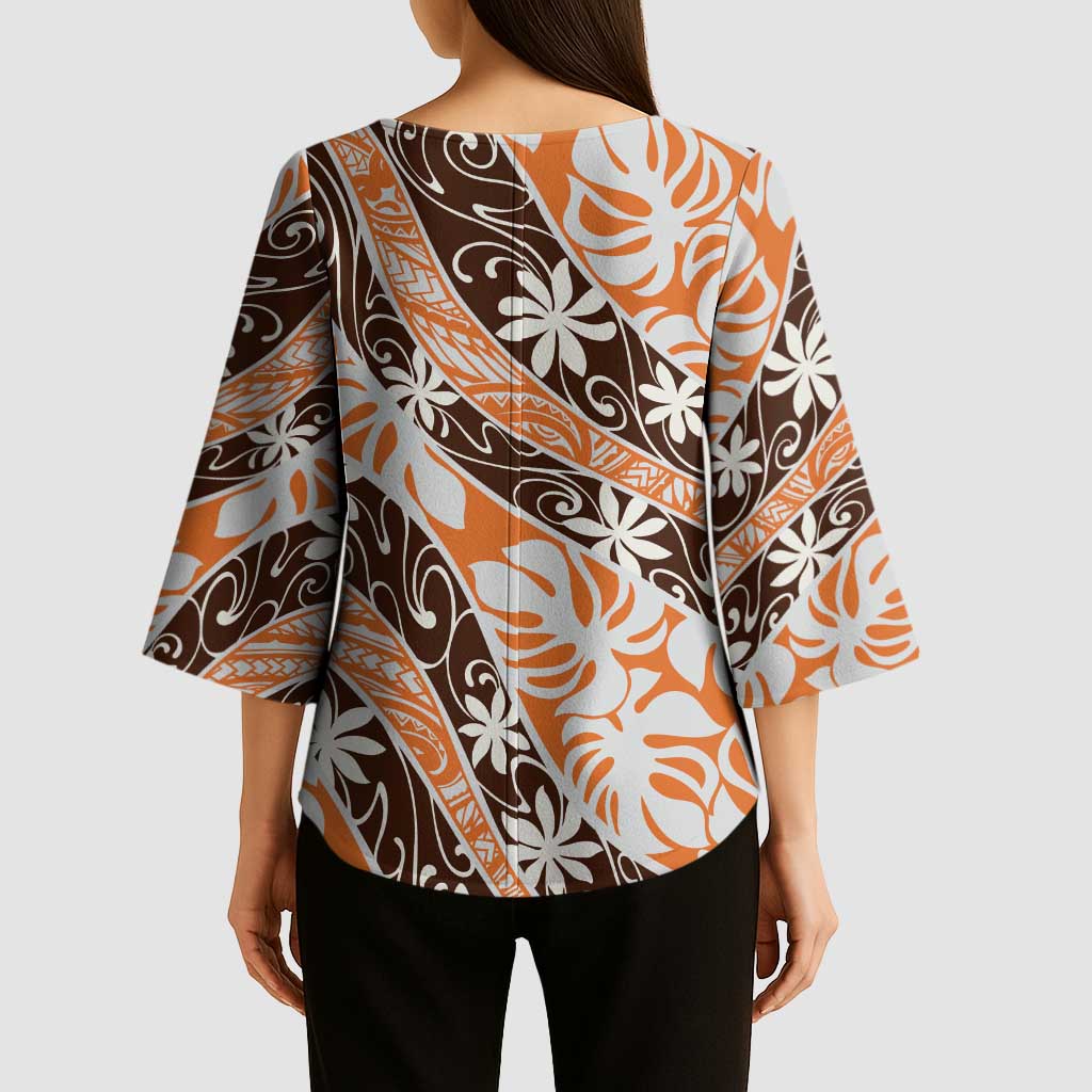 Puatou Tahiti Tiare Monstera Kimono Sleeve Blouse Polynesian Pattern Curve Style - Polynesian Pride