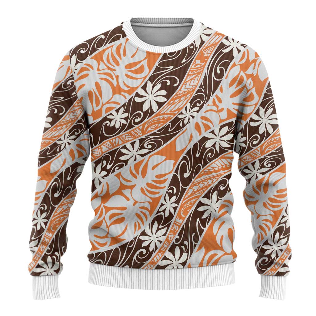 Puatou Tahiti Tiare Monstera Ugly Christmas Sweater Polynesian Pattern Curve Style - Polynesian Pride