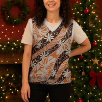 Puatou Tahiti Tiare Monstera Christmas Knitted V-Neck Vest Polynesian Pattern Curve Style - Polynesian Pride