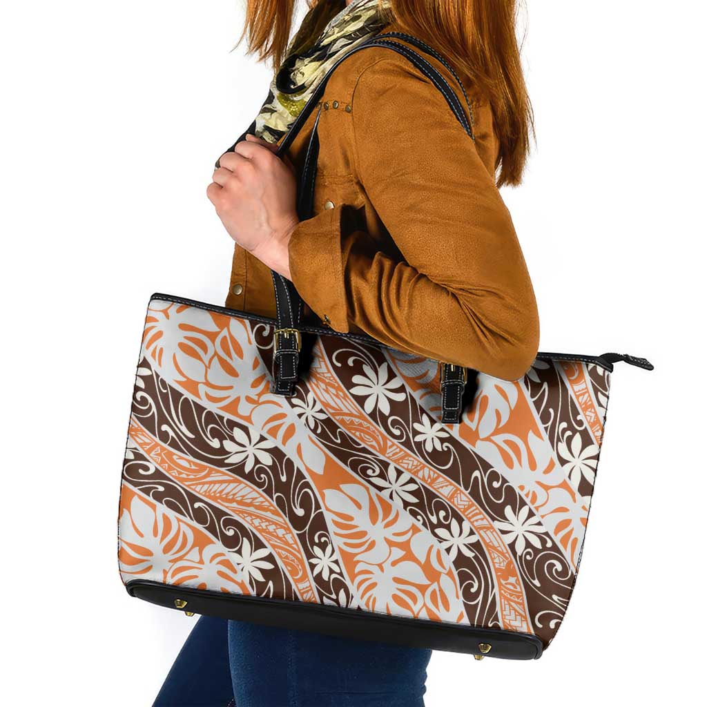 Puatou Tahiti Tiare Monstera Leather Tote Bag Polynesian Pattern Curve Style - Polynesian Pride