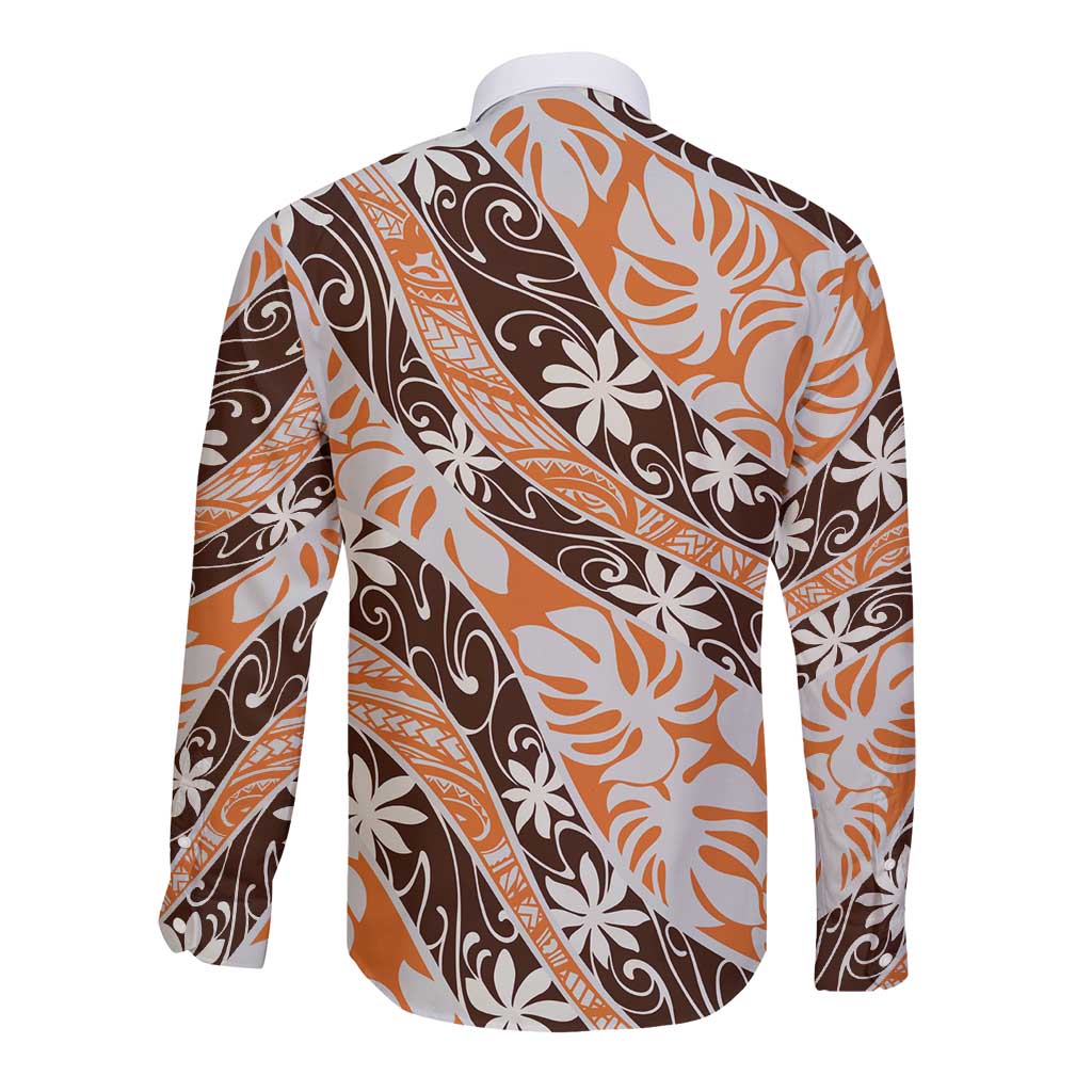 Puatou Tahiti Tiare Monstera Long Sleeve Button Shirt Polynesian Pattern Curve Style LT01 - Polynesian Pride