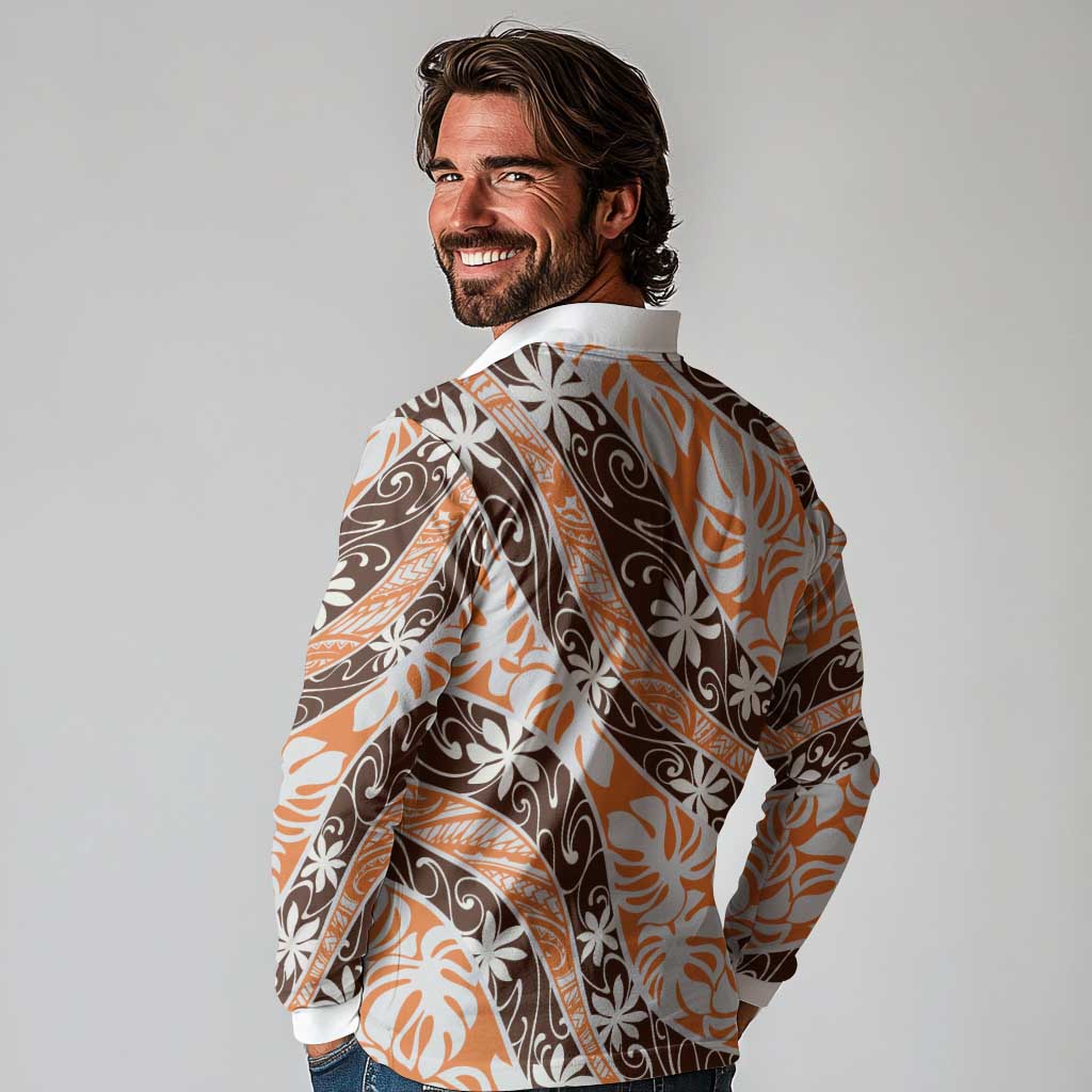 Puatou Tahiti Tiare Monstera Long Sleeve Polo Shirt Polynesian Pattern Curve Style - Polynesian Pride