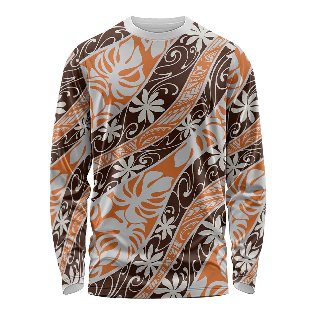 Puatou Tahiti Tiare Monstera Long Sleeve Shirt Polynesian Pattern Curve Style - Polynesian Pride